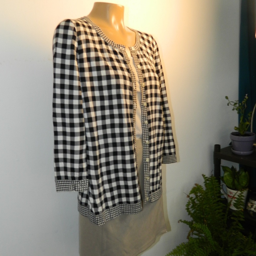 Talbots Cardigan Women S Black White Gingham Checkered Contrast 3/4 Sleeve Knit